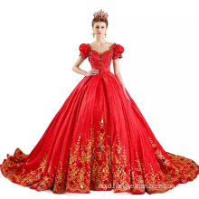 2017 Luxury High Quality Puffy Sleeve Golden Embroidery Red Gem Bridal Gown Wedding Dress